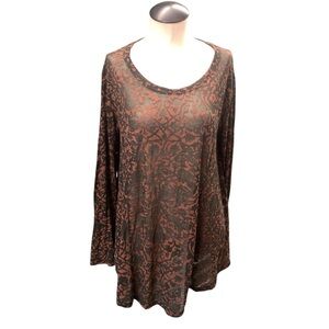 PERUVIAN CONNECTION Black Copper Rust Patterned Long Sleeve Tunic Top - Size M/L